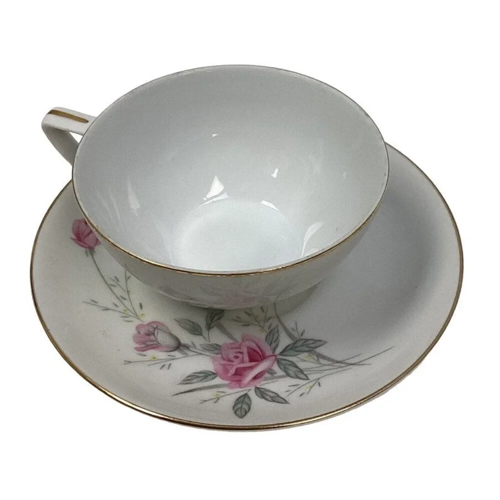Vintage Golden Rose Flower Gold Rim Fine China Japan Teacup Saucer Set